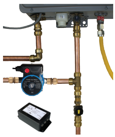 Picture of a tankless water heater with a recirc pump.